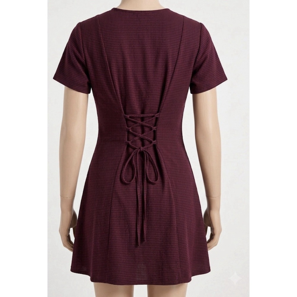 DBY Ltd Vtg 90s Gingham Lace Up Back Mini Dress Sz M/L Dark Academia Grunge Fall